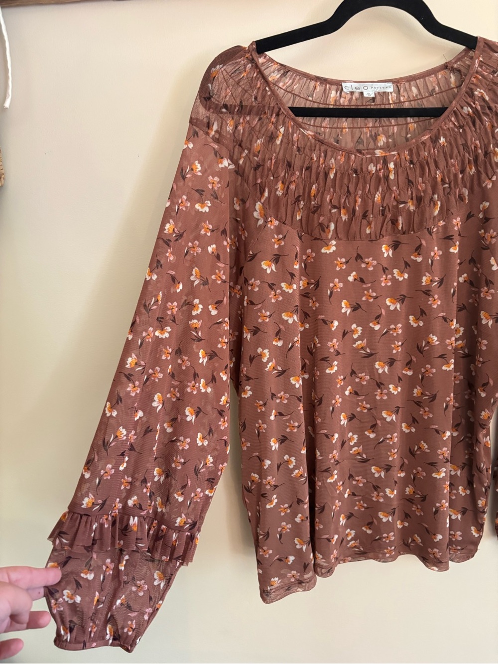 133.) Cleo / Brown Floral Long-Sleeve Peasant Blouse - Cottagecore